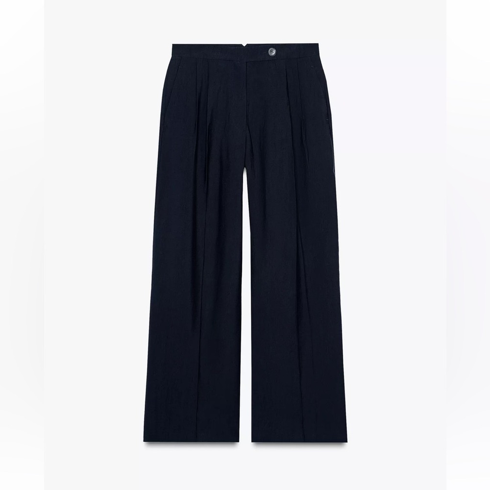 Zara  Classic Navy Linen Pleated Trouser Sz S